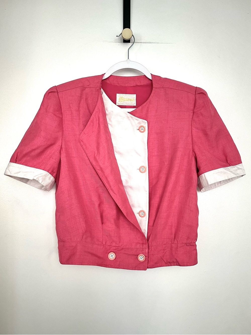 Vintage 1980’s Maison short sleeve asymmetrical pink and white colorblock blazer